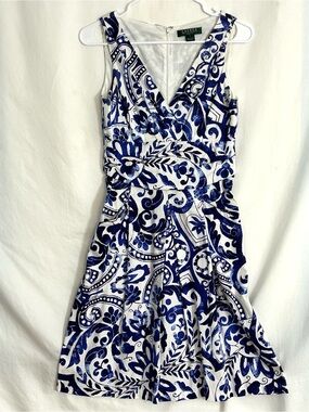 Lauren Ralph Lauren Blue & White Floral Cotton Summer Dress Women's S Sleeveless